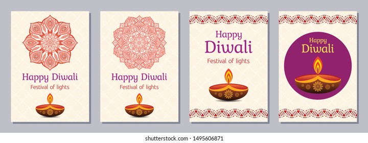 Set of vector color flyers, posters, banners, placards, brochure design templates for Diwali celebration day, Happy Diwali festival. Vertical cards with mandalas, letterings and festive oil lamps.