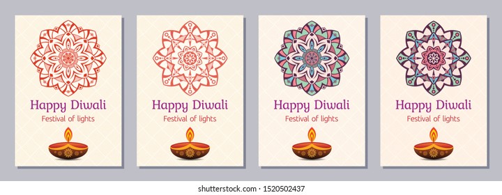 Set of vector color flyers, posters, banners, placards, brochure design templates for Diwali celebration day, Happy Diwali festival. Vertical cards with mandalas, letterings and festive oil lamps.