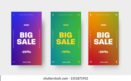 Set of vector color gradient banners with arrows and a discount of 25, 50 and 75% for a big sale and special offer. Design template for mobile applications, social media and stories