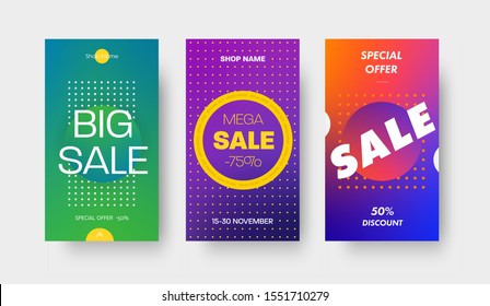 Set of vector color gradient templates for mobile applications and social media. Banner design with a circle and a discount of 50 and 75% on a big sale, special offers.