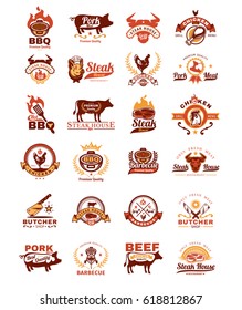 Set of vector color grill and barbecue badges, stickers, emblems isolated on white
