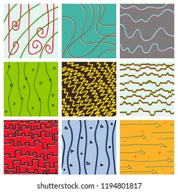 Set of Vector color hand-drawing wave sea background. abstract sea texture.