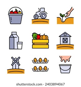 Set of vector color icons related to agriculture. Contains such barn, agricultural machinery, livestock farming, gardening and much more. Farming and farming symbols, logo illustrations. Vector graphi