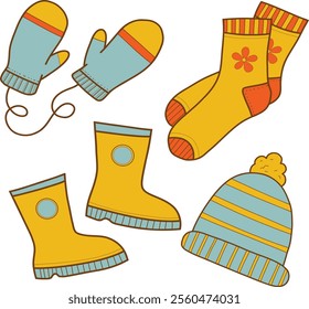 Set of vector color icons of winter clothes. Vector illustration. Traditional winter symbols: warm clothes, socks, hat, mittens, boots. Comfortable lifestyle. Winter mood.