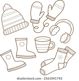 Set of vector color icons of winter clothes. Vector illustration. Traditional winter symbols: warm clothes, socks, hat, mittens, boots. Comfortable lifestyle. Winter mood.