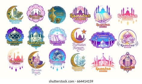 Set vector color illustrations, badges, emblems for Ramadan Kareem. Big color set of design elements for Ramadan greeting
