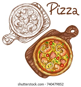 Set of vector color illustrations and black and white whole pizza with seafood on a wooden board isolated on white background. Template, design element, print, advertising.