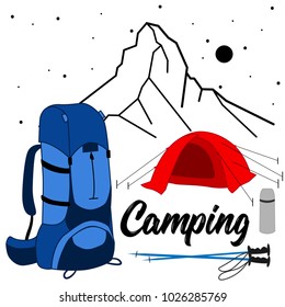 Set of vector color illustrations with tourist equipment. Mountains, backpack, tent. Tourism, trekking. Mount Matterhorn. Sport, recreation, camping, climbing. Summit