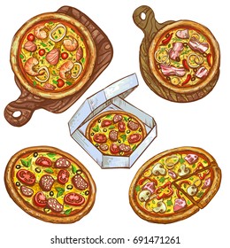 Set of vector color illustrations, whole pizza and slice, on wooden board, in box for delivery. Prints, templates, design elements for menu, signage, advertisement, isolated