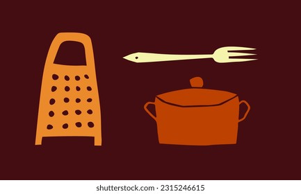 Set of vector color images of pots, graters and forks. Flat, silhouette, minimalism, orange on a brown background. Kitchen, cafe, restaurant, menu, household. Eps10