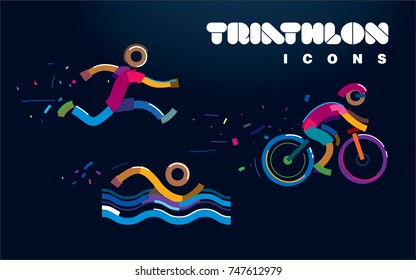 Set Of Vector Color Line Triathlon Icons