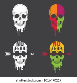 Set of vector color and monochrome emblems with skull, arrow and inscription – No fear.
