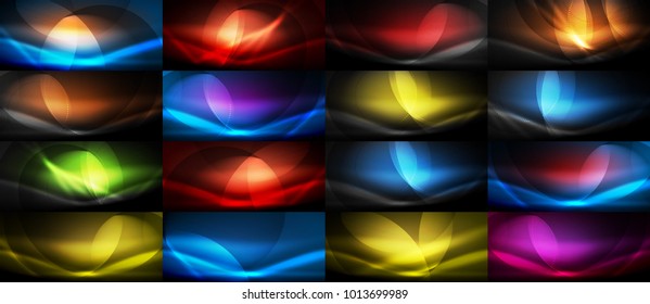 Set of vector color neon flowing wave abstract backgrounds