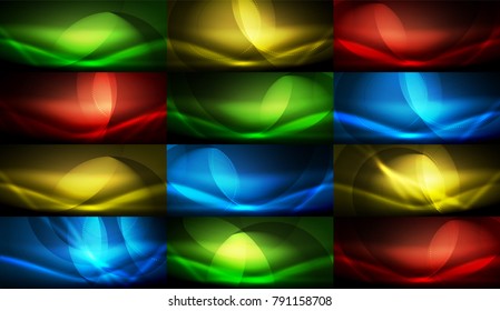 Set of vector color neon flowing wave abstract backgrounds