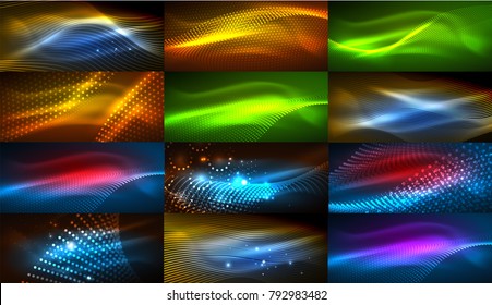 Set of vector color neon flowing wave abstract backgrounds