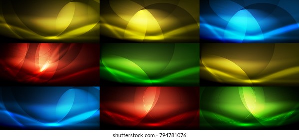 Set of vector color neon flowing wave abstract backgrounds