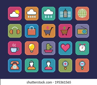 Set of vector color pixel art icons.