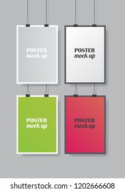 Set of vector color posters mock up isolated on grey background with soft shadow. Realistic colored posters template ready for your design. 