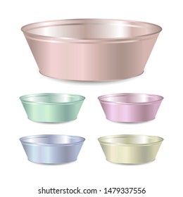 Set of vector color realistic metal empty bowl or basin for washing isolated on white background. 3D illustration.