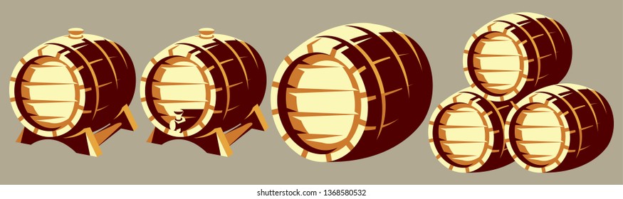 Set of vector color templates with barrels for storing spritic drinks.