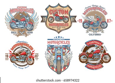 Set vector color vintage badges, emblems with a custom motorcycle. Print, template, advertising design element for the motor club, motorcycle repair shop