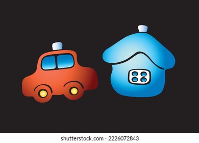 Set of vector color xmas tree toys, decorations in form of car and house. Clip art for Merry xmas, happy new year