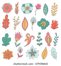 Set of vector colored abstract flowers and plants. Hand drawn floral clip art. Beautiful branches and petals. Doodle leaves collection.