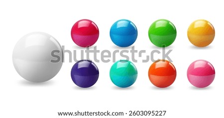 Set of vector colored balls or spheres, balls purple green, yellow and blue shiny glossy with shadow.