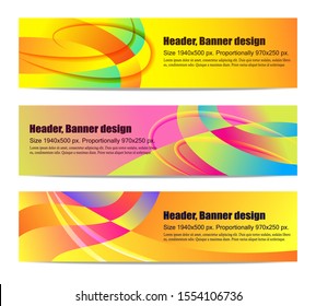 Set of vector colored banners, headers, with abstract wavy images, for web sites. Size 1940x500. EPS10.