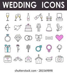 Set of vector colored with a dark stroke wedding and love icons