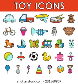 Set of vector colored with a dark stroke icons toys