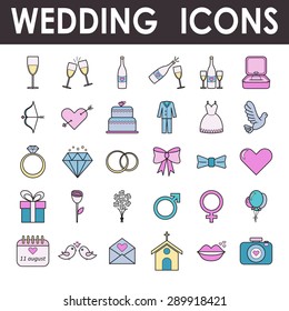 Set of vector colored with a dark stroke wedding and love icons