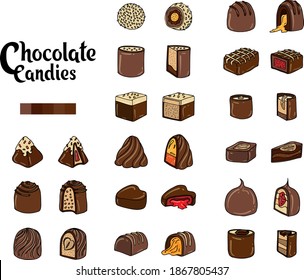 Set of vector colored Doodle illustrations of chocolate candies isolated on a white background.