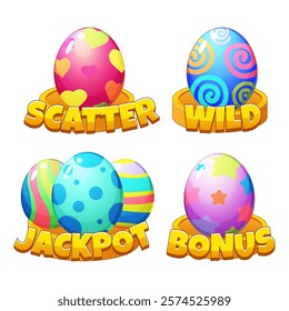 Set of vector Colored Easter eggs. Slot symbols- Jackpot, Wild, Bonus and Scatter for Easter slot machine