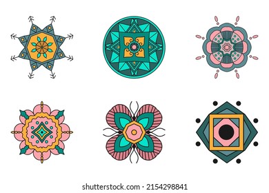 A set of vector colored geometric ornaments with a black outline. Illustration for tattoo, logo, yoga center, Indian festival and much more. Vector ornaments isolated on a white background.