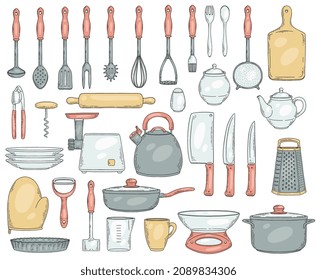 Set of vector colored hand drawn objects of kitchen utensils isolated on white background. Sketch elements for cooking food. Design of elements for menu.