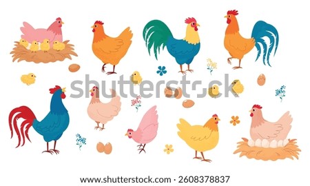 Set of vector colored hens, chickens, roosters and chicken eggs. Hen in nest hatching eggs. Illustration with hand drawn pencil and chalk textures. Home poultry farming. Easter decor. Chicken coops.