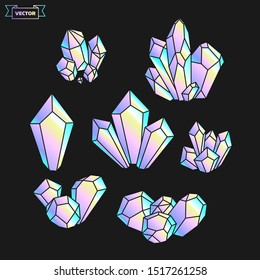Set of vector colored icons. Collection of minerals and natural crystals. Simple illustration.