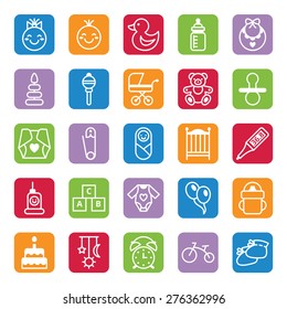 Set of vector colored icons flat babies and accessories for child care