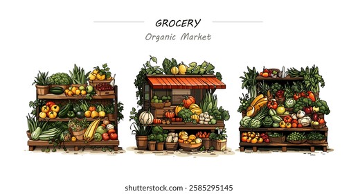 Conjunto de ilustrações coloridas com cores vetoriais, apresentando um mercado de frutas e legumes, barracas com produtos agrícolas, supermercado e um mercado orgânico. Ilustração vetorial