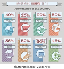 Set of vector colored infographic templates and elements showing the performance of the country, region, area, province, department including symbols, hatch, graphics