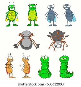 Set of vector colored insects. Spiders, flies, beetles, caterpillars. Cartoon-style. Each insect expresses emotions. Isolated characters. Use for print, web design, etc.