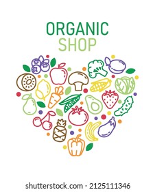 A set of vector colored linear icons of healthy food in the shape of a heart. A set of fruits and vegetables . Organic food