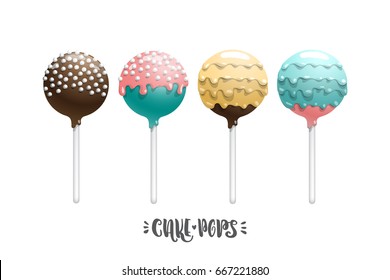 Set of vector colored lollipop on a stick, isolated on a white background, with lettering.