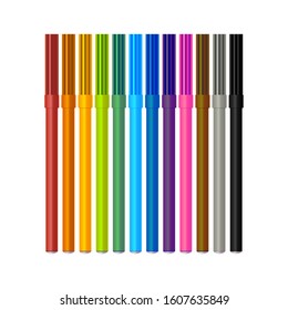 Premium Vector  Color markers. kids bright creative multicolor painting  tools, artistic open and close marker pens various color palette arranged  in line. school supplies, office highlighters realistic vector set