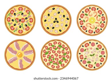 Set of vector colored pizza icons on white background for web site design. Pizza illustration for every taste. Top view, flat design