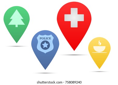Set of vector colored place icons for wood, hospital, police and coffee shop