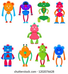 Set of vector colored robots in cartoon style. Isolated vector robots in a white background