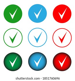 Set of vector colored round checkbox buttons. Colored buttons icons set. Blue. Red. Green. Vector site icons. Confirmation or denial. Mobile signs. Vectorial imaging.