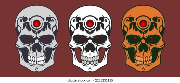 Set of vector colored scary human stylistic skulls with patterns. Mexican holiday in memory of the dead.